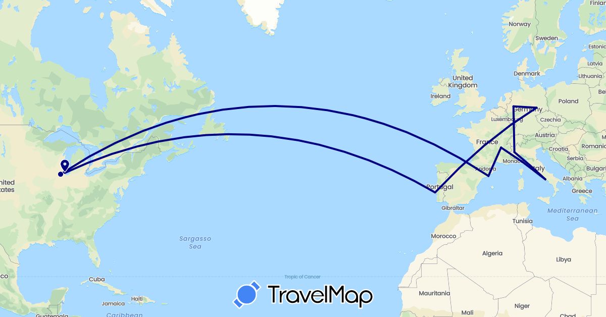 TravelMap itinerary: driving in Germany, Spain, France, Italy, Portugal, United States (Europe, North America)